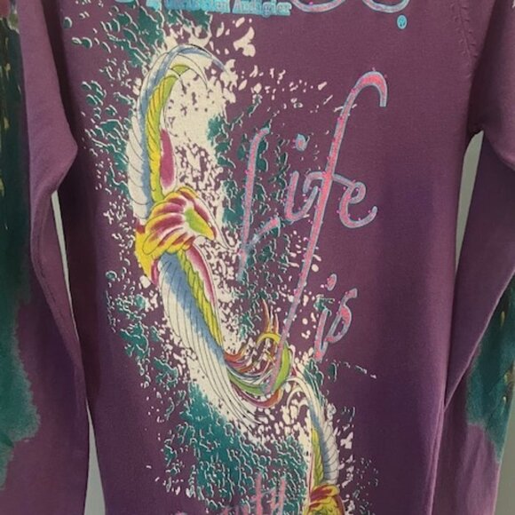 ED HARDY CHRISTIAN AUDUGIER SWEATER DRESS GRAPHIC PRINT RHINESTONES SIZE MEDIUM. - Picture 9 of 10